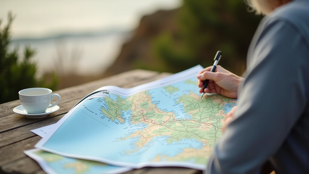 Vecāka gadagājuma cilvēks plāno pastaigu maršrutu pēc detalizētā ceļveža