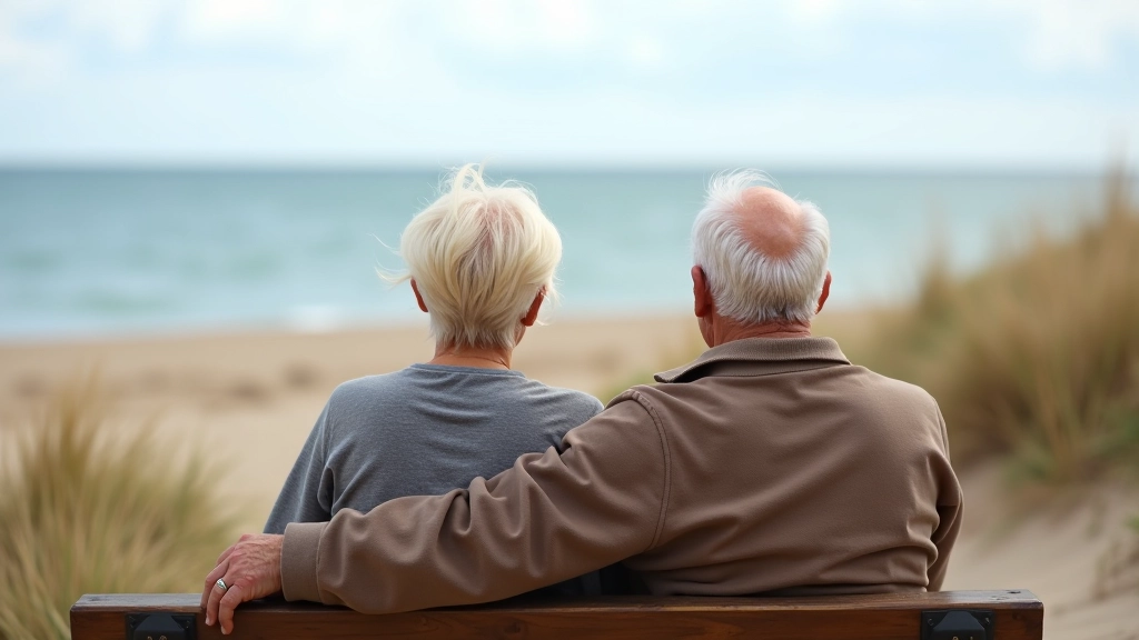 Divi seniori sēž uz sola gar kāpu taku, skatoties uz jūru